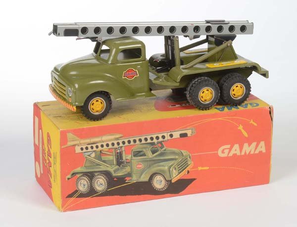 Gama: Gama, Rocket Truck, W.-Germany, tin, friction ok., box C 1-, rocket missing, otherwise very good,