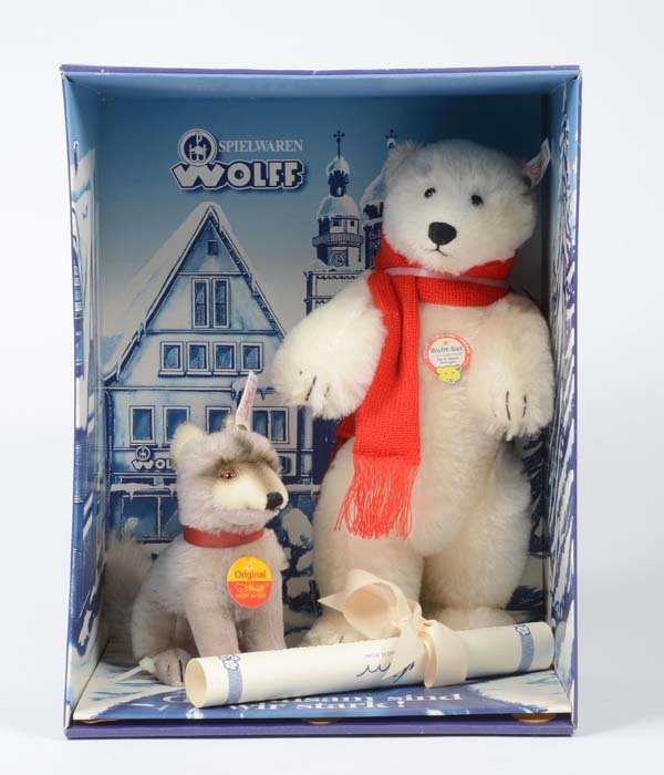 Steiff: Steiff, polar bear + wolf, box C 1-, C 1