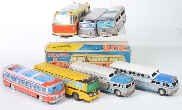 Bundle Buses: Bundle Buses, 7 Buses, 1 Box, Japan a.o., tin, paint d., box C 2-, mixed condition, C 2-4