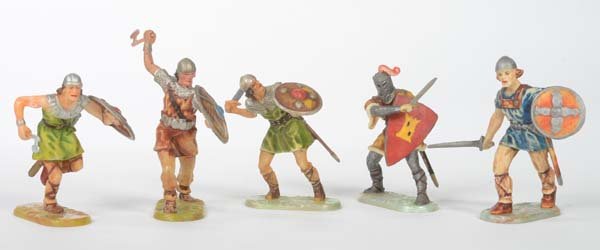 Elastolin: Elastolin, 5 Normans, W.-Germany, plastic, part. early painting, C 1/1-