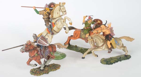 Elastolin: Elastolin, 2 Huns + 2 Normans on Horse, W.-Germany, plastic, C 1-/2+