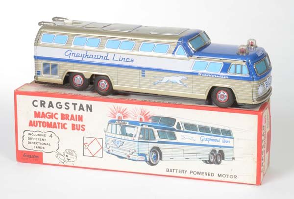 Cragstan: Cragstan, Greyhound Bus, Japan, tin, bat.drve + functions ok, min. paint d., control card system, really rare!, C 2+