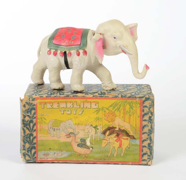 Elephant: Elephant, Japan, celluloid, wind up ok, original box condition 2-, condition 1