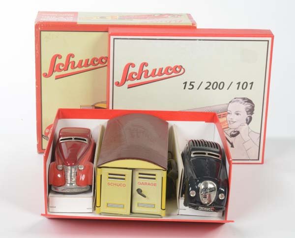 Schuco: Schuco, Garage + 2 Cars (15/200/101), box C 1-, reproduction of the 90s, C 1