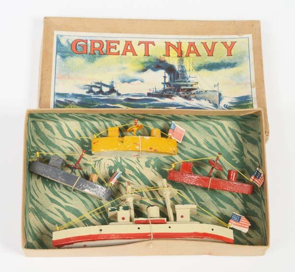 Kit with 4 War Ships: Kit with 4 War Ships, Japan, wood, box C 1-, around 1900, original package, not used, C 1-