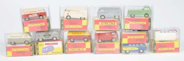 Schuco: Schuco, Bundle 10 Piccolo VW Advertising Buses, W.-Germany, diecast, box C 1, in mint condition, C 1