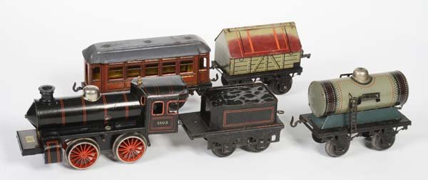 Bing: Bing, Locomotive with Tender + 3 Wagons, Germany pw, gauge 1, clockwork ok, partly paint d., C 2- / 3-