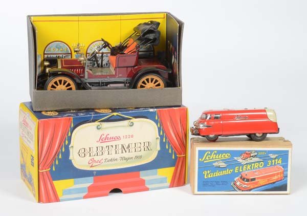 Schuco: Schuco, Varianto Electro + Opel Vintage Car, W.-Germany, tin, function not checked, box C 1-2, C 1-