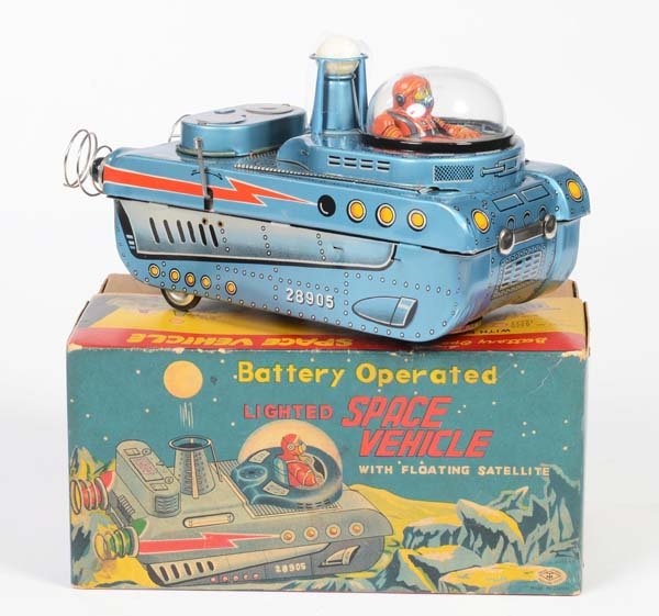 Masudaya: Masudaya, Space Vehicle with Floating Satellite, Japan, tin, bat.drive + function defective, box C 1, "satellite" existing, C 1-