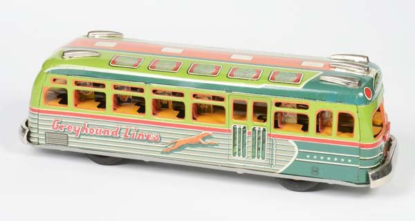 Marusan: Marusan, Greyhound Bus, Japan, tin, friction ok, lamps missing, otherwise good