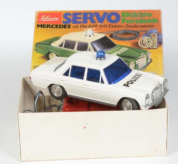 Schuco: Schuco, Servo Mercedes Police, W.-Germany, plastic, function ok, min. paint d., box C 2-, C 2+
