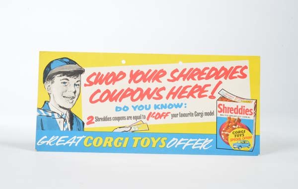 Corgi Toys: Corgi Toys, 2 Advertising Displays + Poster, 1963, cardboard, 1 display punched, poster folded, C 1-2