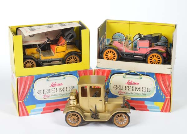 Schuco: Schuco, 3 Vintage Cars, Germ., 15-18 cm, tin, function ok, box C 2+, C 1-2
