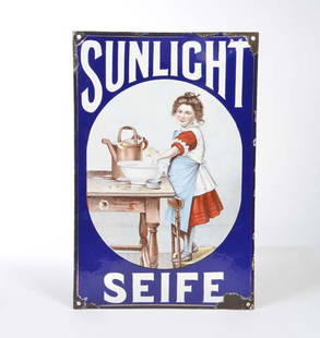 Emailleschild Sunlicht Seife: Enamel Sign, "Sunlicht Seife", around 1910, very rare, convex, paint d., paint partially chipped off on edges, small scratch, otherwise very good orig. condition with nice gloss