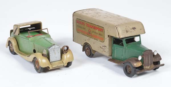 Tri-ang, 2x Minic: Tri-ang, 2x Minic, England, tin, cw ok, paint d., 1x door lever repainted, not complete, C 3
