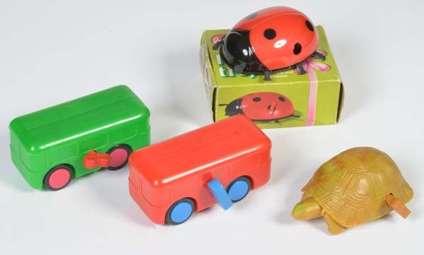 Schuco, 2 Lauftiere, 2 Babycars: Schuco, 2 Running Animals, 2 Babycars, W.-Germany, plastic, cw ok, 1x box C 1-, C 1