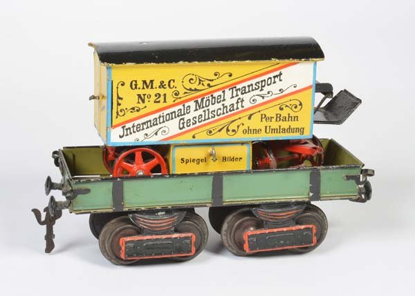 Marklin, Plattformwagen mi Moebelwagen: Marklin, Flatbed Wagon with Furniture Wagon, Germany pw, gauge 1, very good original condition