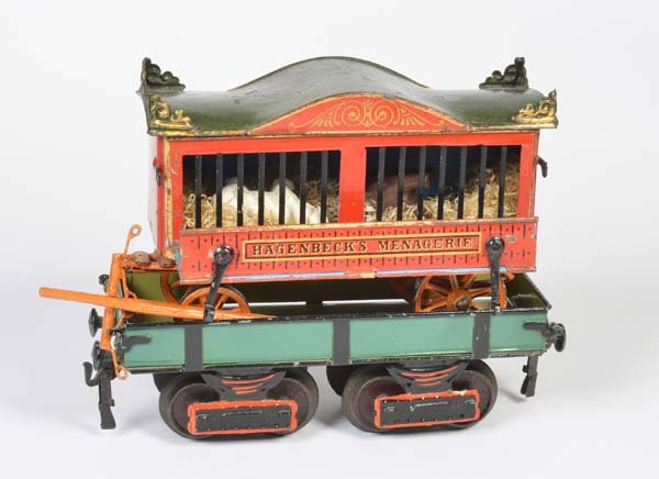 Marklin, Plattformwagen mit Hagenbeck Menagerie Wagen: Marklin, Flatbed Wagon with Hagenbeck Menagerie Wagon, Germany pw, gauge 1, very good original condition, really rare !