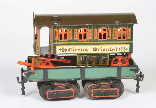 Marklin, Plattformwagen mit "Circus Oriental" Wagen: Marklin, Flatbed Wagon with "Circus Oriental Wagon", Germany pw, gauge 1, very good original condition, really rare !