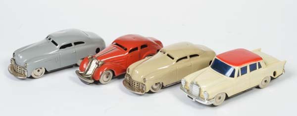 Schuco, 4 Autos: Schuco, 4 Cars, US Z. Germany + W.-Germany, 3x tin + 1x plastic, part. paint d., C 2/2-