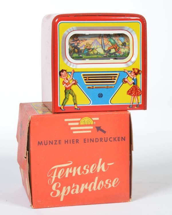 Schopper, Television Moneybox: Schopper, Television Moneybox, W.-Germany, tin, min. paint d., box C 2, with key, C 1-2