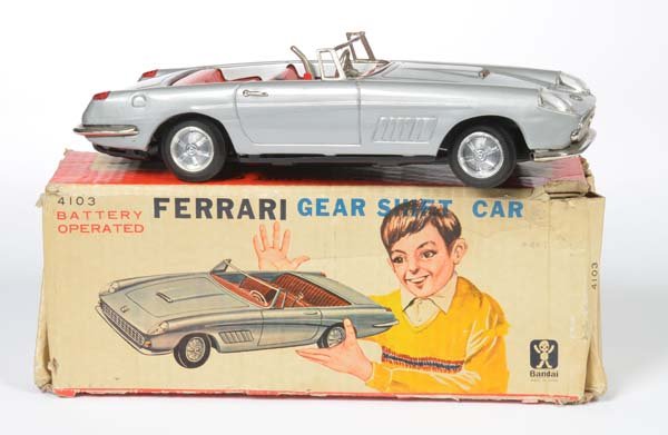 Bandai, Ferrari: Bandai, Ferrari, Japan, tin, bat. drive ok, box C 2-3, pane missing, C 2+