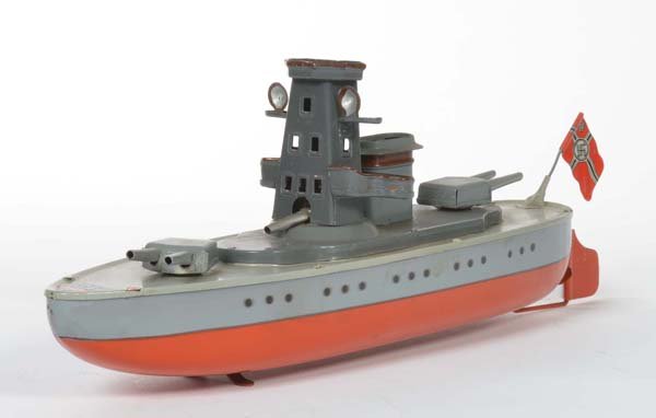 Arnold, Kriegsschiff: Arnold, Battle Ship, Germany, tin, cw ok, top of the tower missing, otherwise good condition