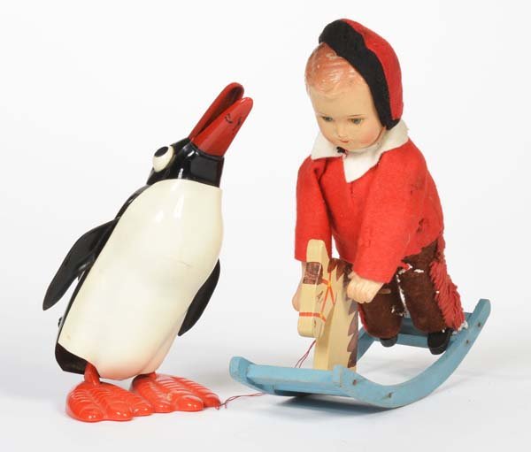 Carl u.a., Konvolut Spielzeug: Carl a.o., Bundle Toys: Penguin + Boy on Rocking Horse + Dog, GDR, Germany, mixed construction, plastic, 3x clockwork ok, min. paint d., C 2/2-