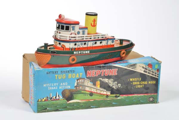 Tug Boat "Neptune": Tug Boat "Neptune", Japan, tin, bat. drive defective, min. paint d., box C 2-3, C 2