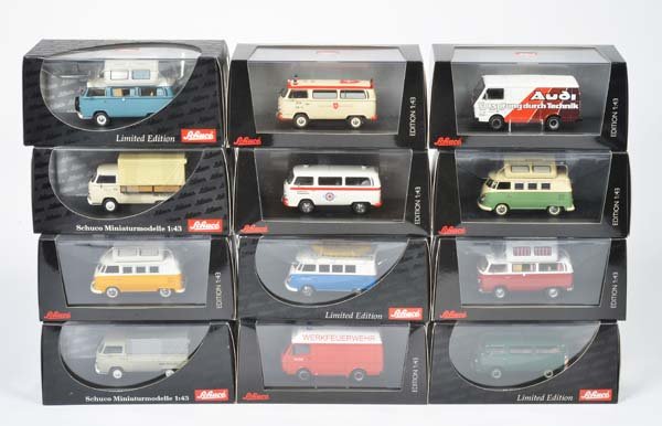 Schuco, 12x VW Bus, teilw. Campingbus: Schuco, 12x VW Bus, part. Caravan, 1:43, diecast, box C 1, C 1