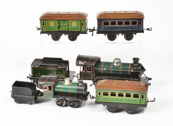 Bing, 2 Loks + 3 Wagen: Bing, 2 Locos + 3 Wagon, Germany pw, gauge 0 + gauge 1, tin, part. paint d