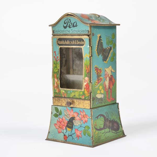 Petzold + Arlhorn, Schokoladen Automat: Petzold + Arlhaus, Chocolate Machine, Germany pw, tin, min. paint d, pane loose, C 2