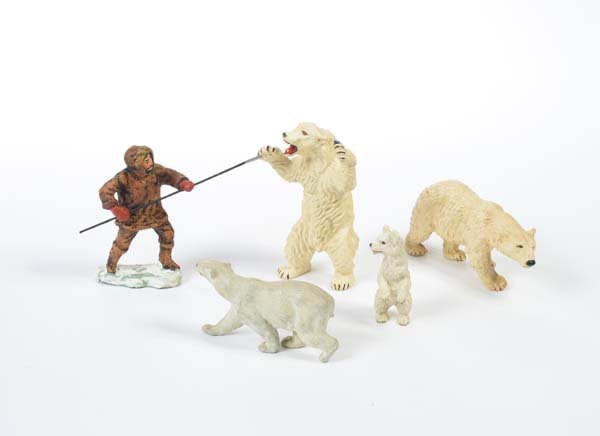 Lineol u.a., 4 Eisbaeren + 1 Eskimo: Lineol u.a., 4 Eisbaeren + 1 Eskimo, 7-13 cm, Masse, Eskimo Repro, sehr guter Zustand