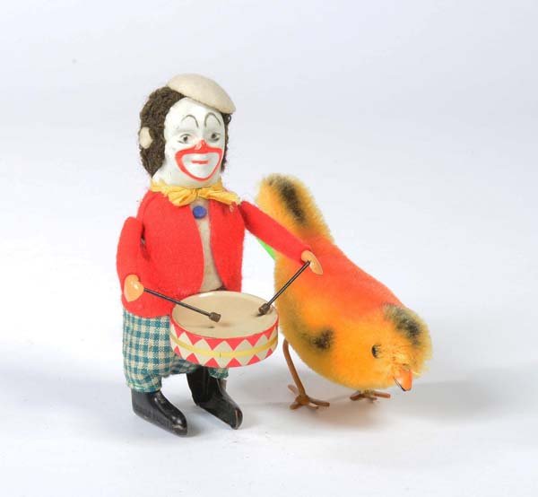 Schuco, Clown mit Trommel + Pick Vogel (1 of 1)