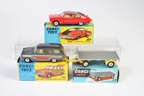 Corgi Toys, Ford Cortina Kombi, Platform Trailer +: Corgi Toys, Ford Cortina Kombi, Platform Trailer + Marlin Rambler Fastback, England, 1:43, diecast, Okt Z 1-2, Z 1-