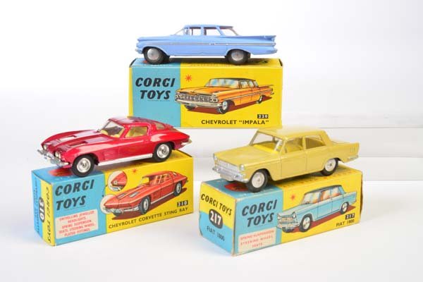 Corgi Toys, Fiat 1800, Corvette, Chevrolet Impala: Corgi Toys, Fiat 1800, Corvette, Chevrolet Impala, England, 1:43, Druckguss, Okt Z 1/1-, Z 1/1-
