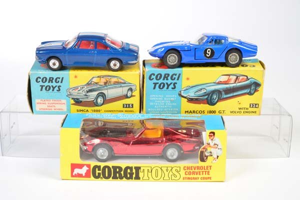 Corgi Toys, Chevrolet Corvette, Simca 1000 + Marcos (1 of 1)