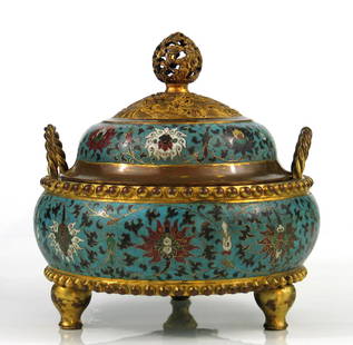 Chinese cloisonne incense burner with lid, Jingtai: Chinese cloisonne incense burner with lid, Jingtai mark. Ht 27 cm. Diameter 26 cm.