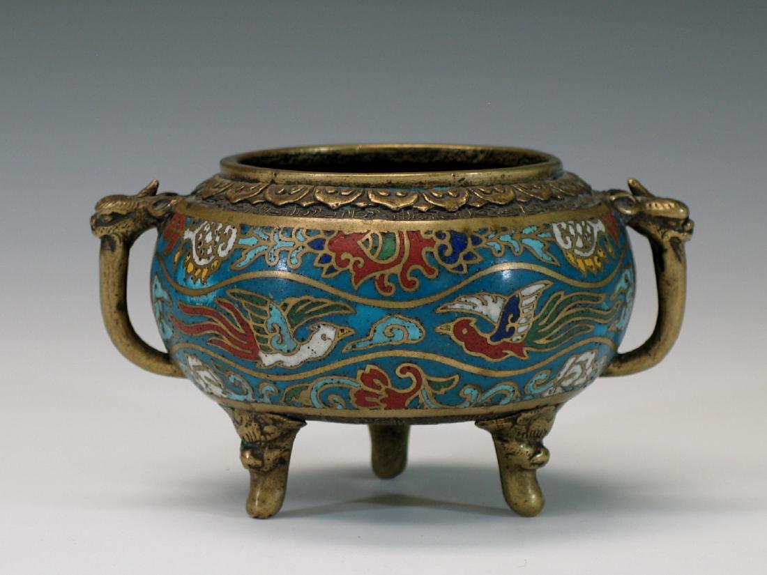 Chinese cloisonne incense burner: Chinese cloisonne incense burner. Ht 8 cm. Diameter 11 cm.