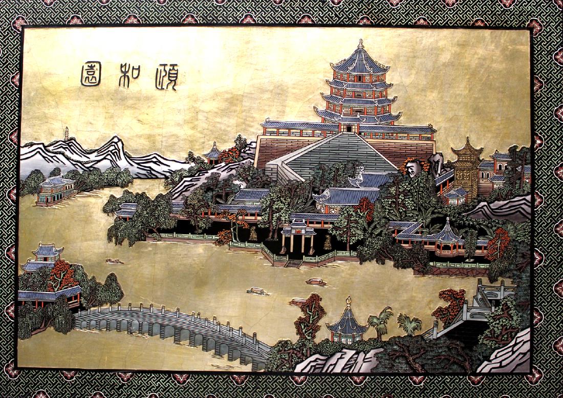 Chinese carved wood panel of the Summer Palace, framed. (1 of 4)
