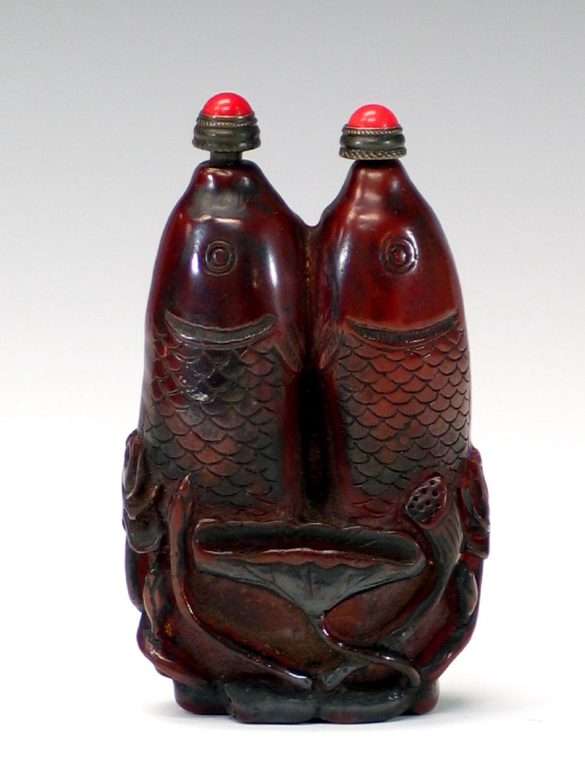 Chinese carved wood double fish snuff bottle. (1 of 4)