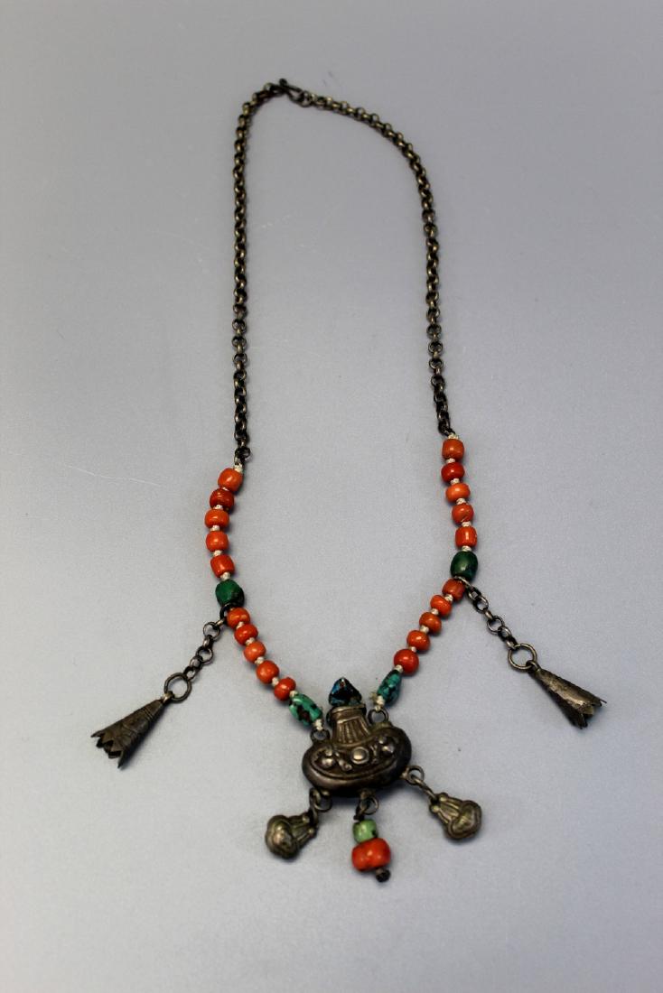 Chinese  silver necklace with red coral, turquoise bead (1 of 2)
