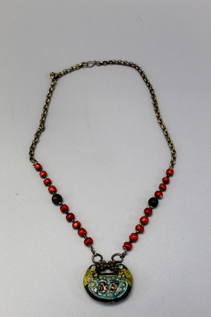 Chinese red coral necklace with silver longevity lock (1 of 3)