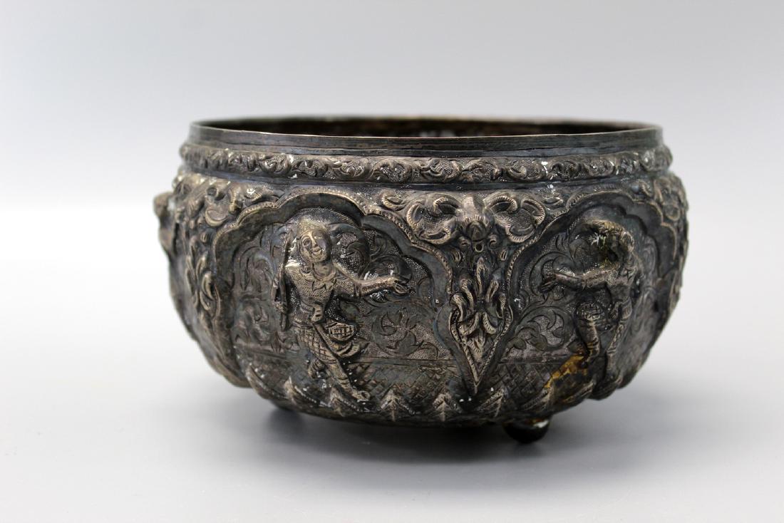 Siamese antique silve bowl: Siamese antique silve bowl. H 11 cm, Diam 17 cm. Carved on the bottom "A souvenir from G.E.D. center. Region 8. Chengmai, Tailand."