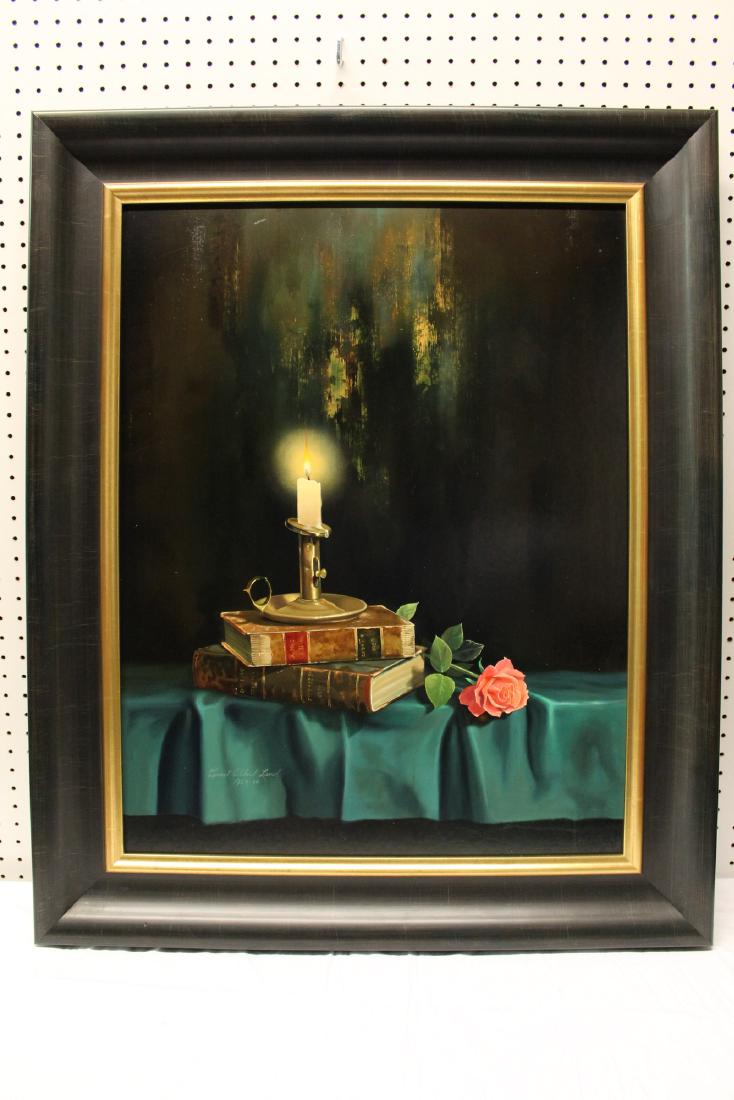 Candle and books, acrylic on board, Signed by Ernest: Candle and books, acrylic on board, Signed by Ernest Albert Land. Size 57 X 74 cm.