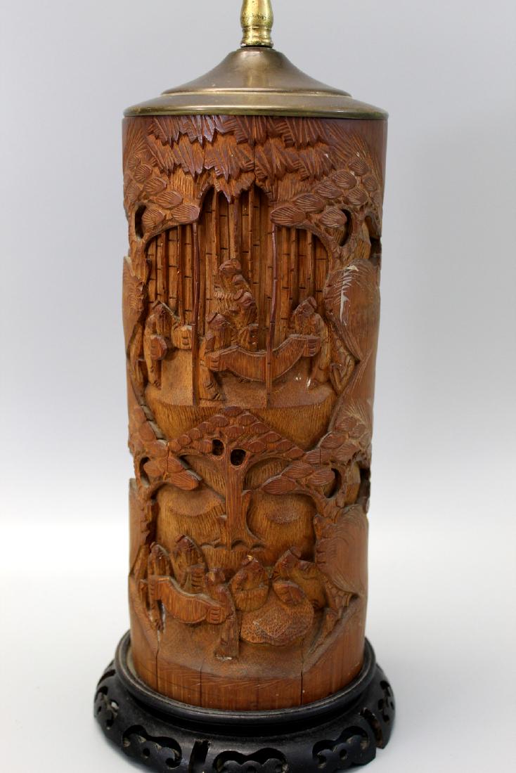 Chinese bamboo brush pot made into a lamp.: Chinese bamboo brush pot made into a lamp. Brush pot height 27 cm.