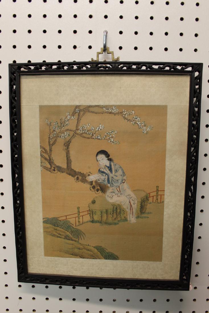 Chinese watercolor and ink painting on silk of a: Chinese watercolor and ink painting on silk of a meiren. Old wood frame. 26x20.5 cm