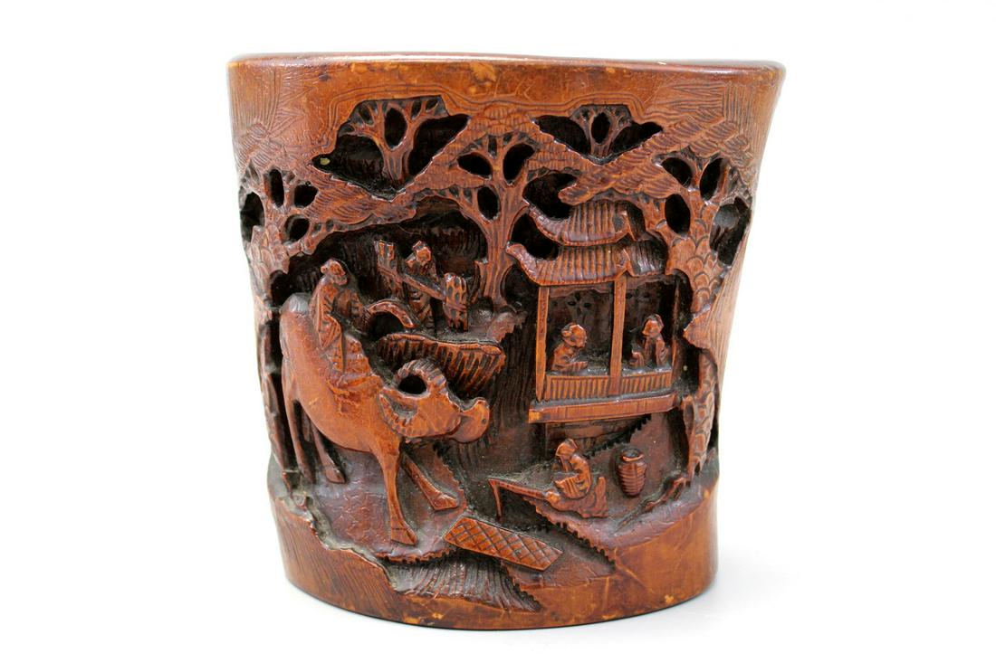 Chinese carved bamboo brush pot. (1 of 3)