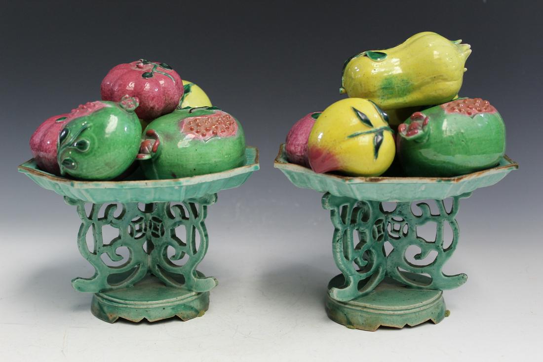 Chinese Porcelain Fruits on Stands.: Chinese Porcelain Fruits on Stands. Stand Diam 19 cm. Largest fruit 11 cm