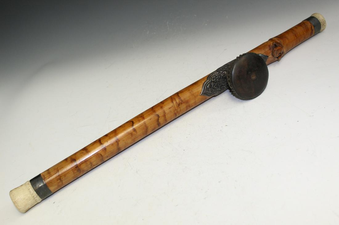Chinese Bamboo Opium Pipe with Silver Mountings.: Chinese Bamboo Opium Pipe with Silver Mountings. L 56 cm.